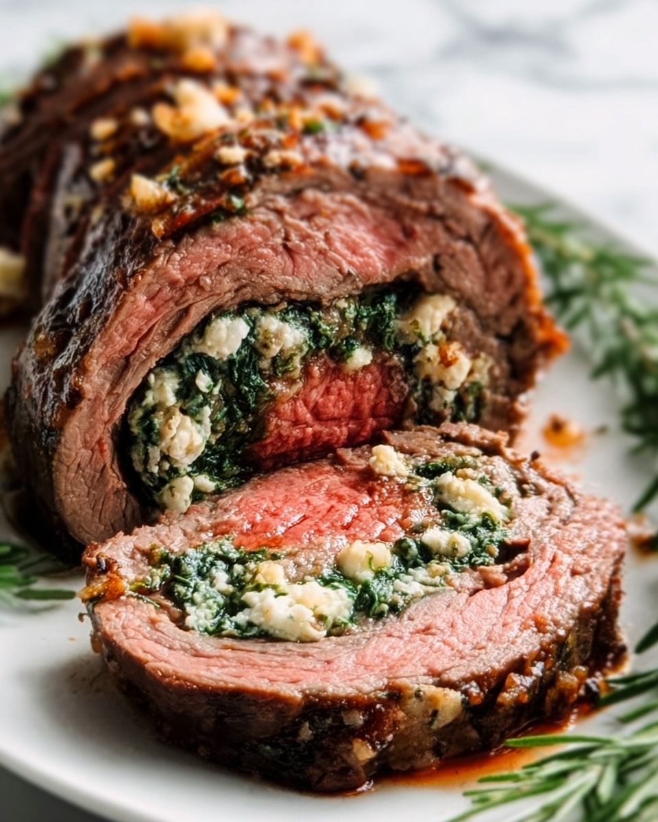 A close-up photo of a sliced beef roll on a white plate with green herb garnish around it. The beef is cooked medium with a pink center, wrapped around a filling of chopped green spinach and crumbled white cheese. The outer layer of the beef is well-seared and browned with some small bits of garlic and spices on top. The texture of the beef looks tender and juicy. The plate is placed on a white marbled surface. Photo taken with an iphone --ar 4:5 --v 7