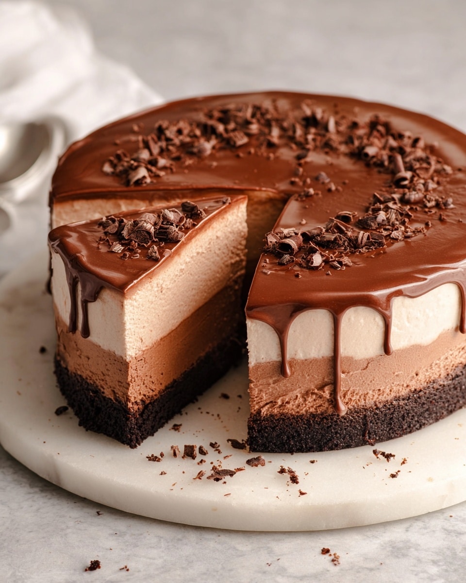 The image shows a rich chocolate cake placed on a round white marble board. The cake has three visible layers: the bottom is a dark chocolate crumb crust, the middle is a thick smooth milk chocolate mousse, and the top layer is a soft light chocolate whipped topping sprinkled with small chocolate curls. A thick glossy chocolate ganache layer drips slightly down the sides between the mousse and whipped topping. The cake is cut into slices with a clear cut showing the texture of each layer. Some small chocolate crumbs are scattered on the marble surface around the cake. photo taken with an iphone --ar 4:5 --v 7