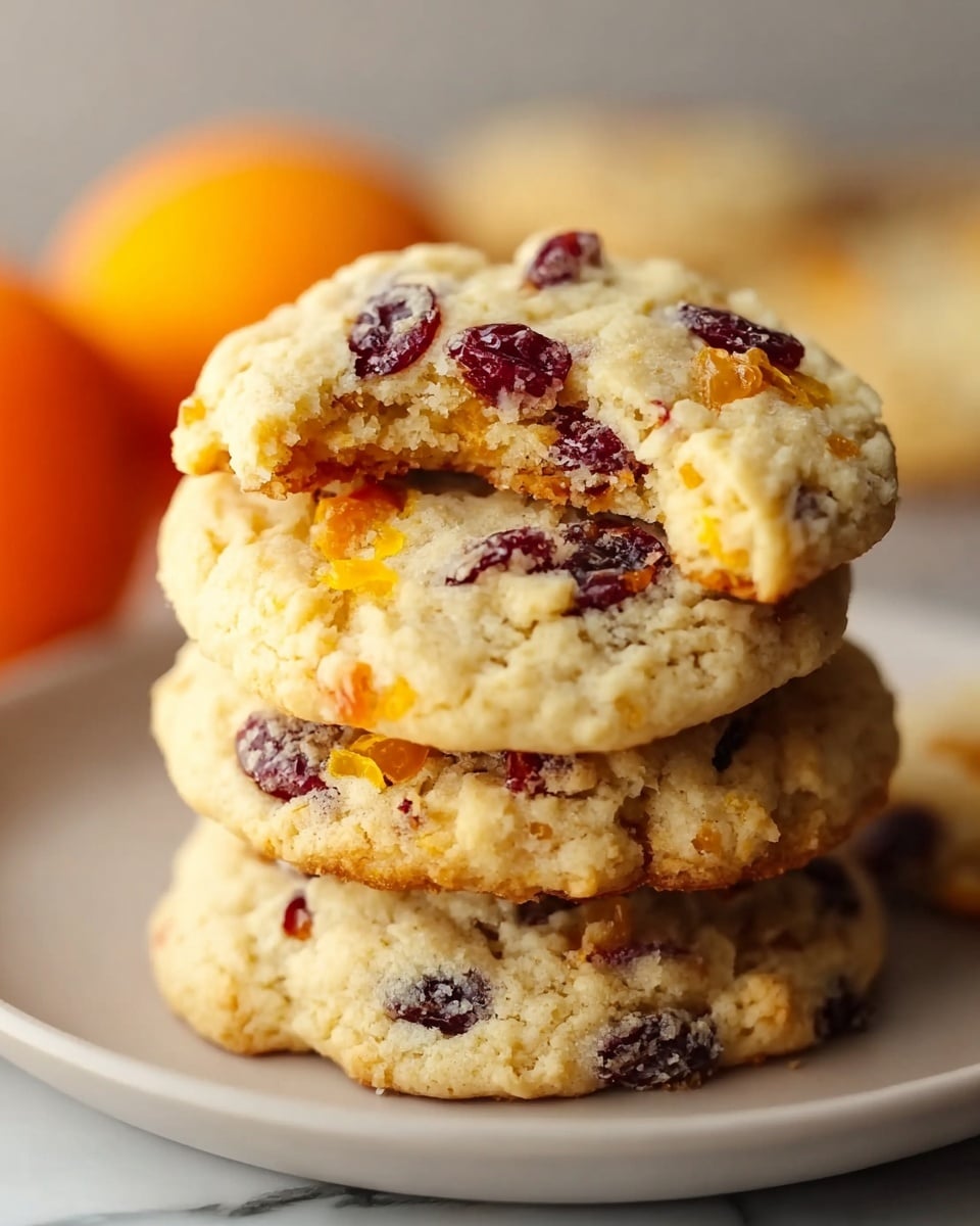 The image shows a close-up of a stack of three cookies on a white marbled surface. The top cookie is broken slightly, revealing soft, gooey textures inside. The cookies are golden brown with visible chunks of dark red cherries and small pieces of bright orange zest throughout. The cookie edges are rough and crumbly, while the center looks moist and chewy. The lighting highlights the textures, making the fruit pieces stand out in the pale cookie dough. Photo taken with an iphone --ar 4:5 --v 7