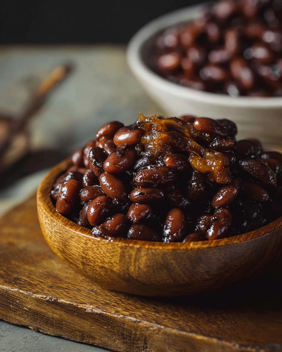 A close-up image shows a small, round wooden bowl filled with dark brown cooked beans coated in a glossy sauce, giving them a shiny texture. The beans are piled high in the bowl, with some pieces of caramelized, sticky sauce clinging to the top and between the beans. The wooden bowl rests on a rustic surface with muted tones and soft lighting that highlights the rich, deep colors of the beans and sauce. A white bowl with more beans is visible blurred in the background. photo taken with an iphone --ar 4:5 --v 7