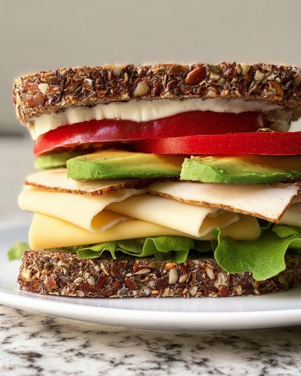The image shows a close-up of a sandwich with seven visible layers on a white plate, placed on a white marbled surface. The top and bottom layers are thick slices of dark, nut-and-seed bread with a rough, coarse texture. Just below the top bread, there is a thin spread of white creamy sauce. Next, there are two slices of red tomato with smooth, shiny surfaces. Below the tomato, there are three pale yellow cheese slices with a smooth texture. Under the cheese, there are two slices of fresh green avocado, slightly curved and soft-looking. Under the avocado, there is a folded layer of light beige turkey breast with a soft, moist texture. At the bottom, just above the bottom bread, there is a few bright green lettuce leaves with visible veins and a fresh look. photo taken with an iphone --ar 4:5 --v 7