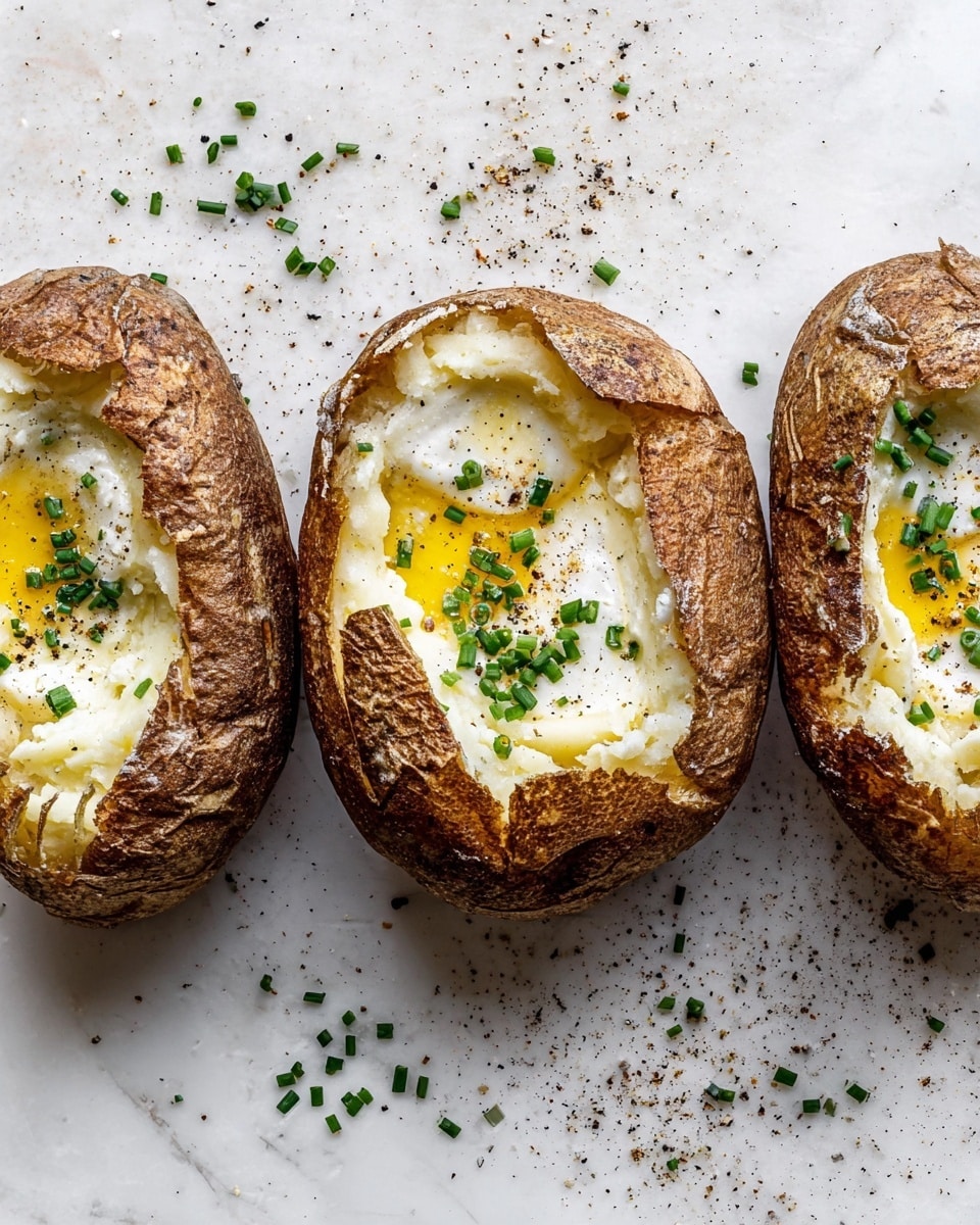 Three baked potatoes are lined up side by side on a white marbled textured surface, each with a cracked open top showing soft, fluffy white potato inside. On top of each potato’s filling is a melting pat of yellow butter, sprinkled with small green chive pieces and coarse black pepper. The potato skins are brown and have a coarse texture with grains of salt visible. Scattered chive pieces and black pepper specks lay around the potatoes on the surface. photo taken with an iphone --ar 4:5 --v 7