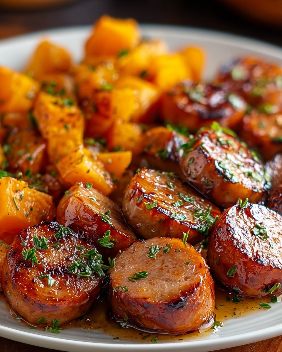 The dish shows a close-up of grilled sausage slices and golden cooked potato cubes arranged on a white plate. The sausage slices are shiny with a light glaze, browned with visible grill marks, and are placed in the front and center. Behind them, there are bright orange potato cubes, also glistening, seasoned with herbs sprinkled on top. The whole dish is glossy with oil, and green chopped herbs add a fresh touch. The background is soft and blurred, creating a warm and inviting feel. Photo taken with an iphone --ar 4:5 --v 7