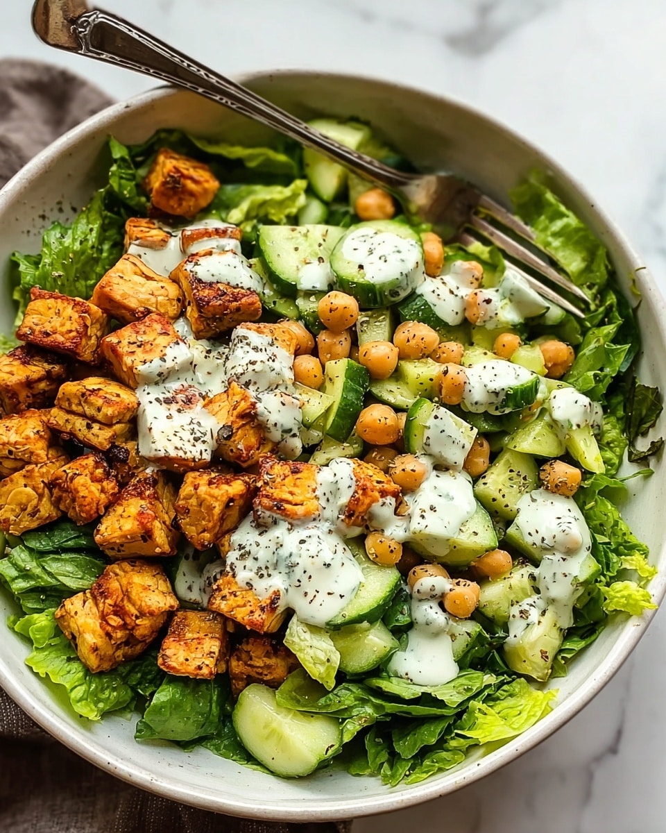 The image shows a white bowl filled with a fresh salad made of several layers. The bottom layer is green leafy spinach, topped with slices of cucumber arranged evenly. On top of the cucumbers, there are small, round, roasted chickpeas with a golden-brown color scattered throughout. The salad is sprinkled with small white crumbles of cheese, adding a soft texture contrast. A wooden spoon rests inside the bowl, placed on the left side. The bowl is set on a white marbled surface. Photo taken with an iphone --ar 4:5 --v 7