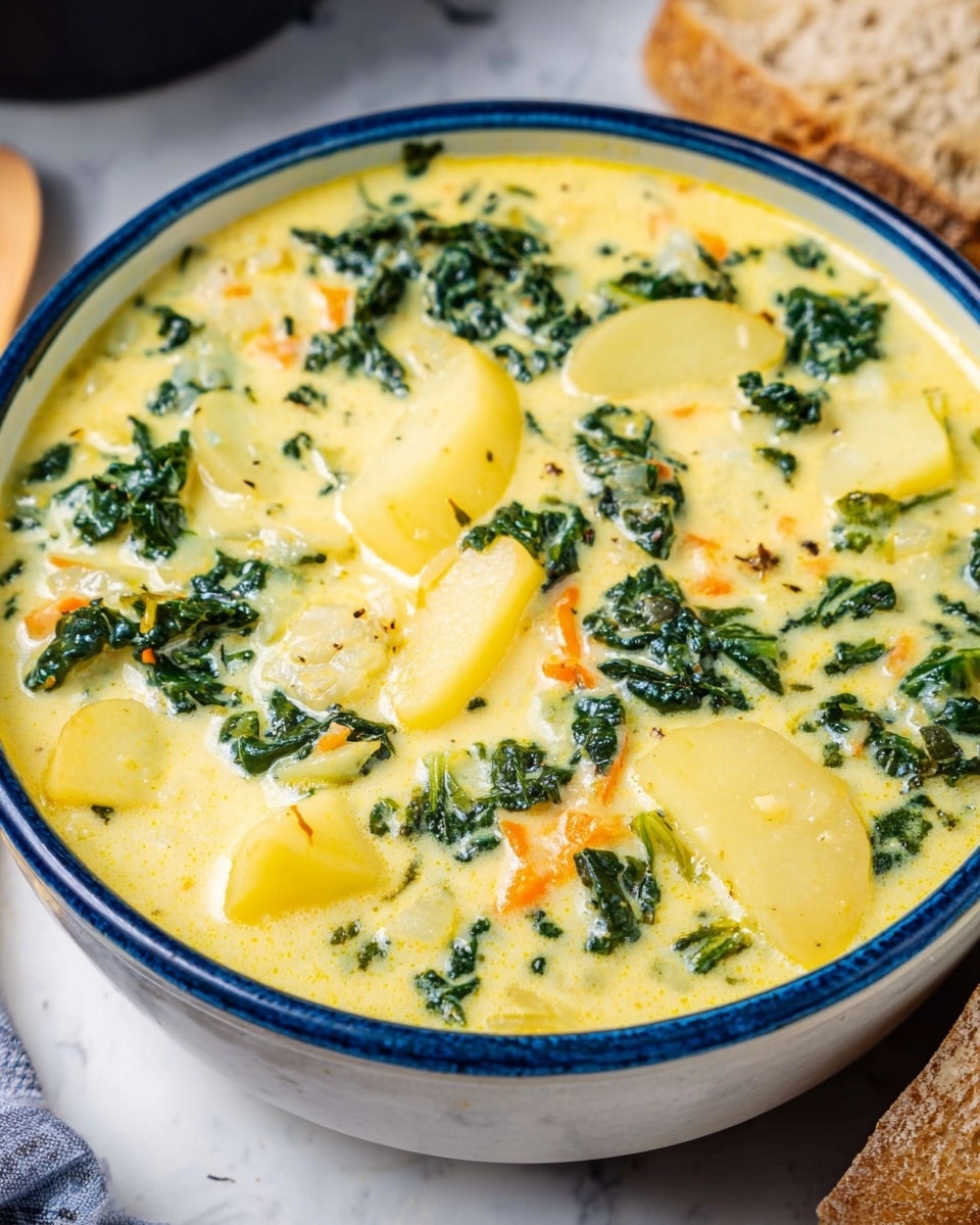 A bowl filled with creamy yellow soup that has visible layers of sliced potatoes and dark green leafy kale mixed evenly throughout. There are small bits of orange and white vegetables scattered in the soup, adding texture and color contrast. The soup looks thick and rich, with a smooth, slightly glossy surface. The bowl is white with a blue rim, placed on a white marbled surface, and part of a bread piece is visible in the upper right corner. Photo taken with an iphone --ar 4:5 --v 7