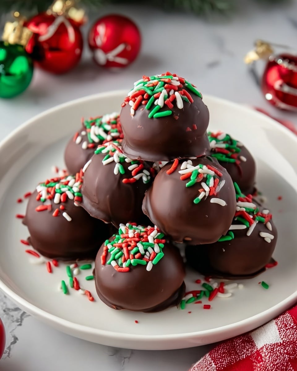 A white plate holds a pile of nine smooth, round Oreo balls covered in shiny dark chocolate. Each ball is decorated with short red, green, and white sprinkles scattered over the top and some fallen around the plate. The balls are grouped closely together, showing their glossy texture and slight variations in shape. The background features a softly blurred white marbled texture that keeps the focus on the festive Oreo balls. photo taken with an iphone --ar 4:5 --v 7