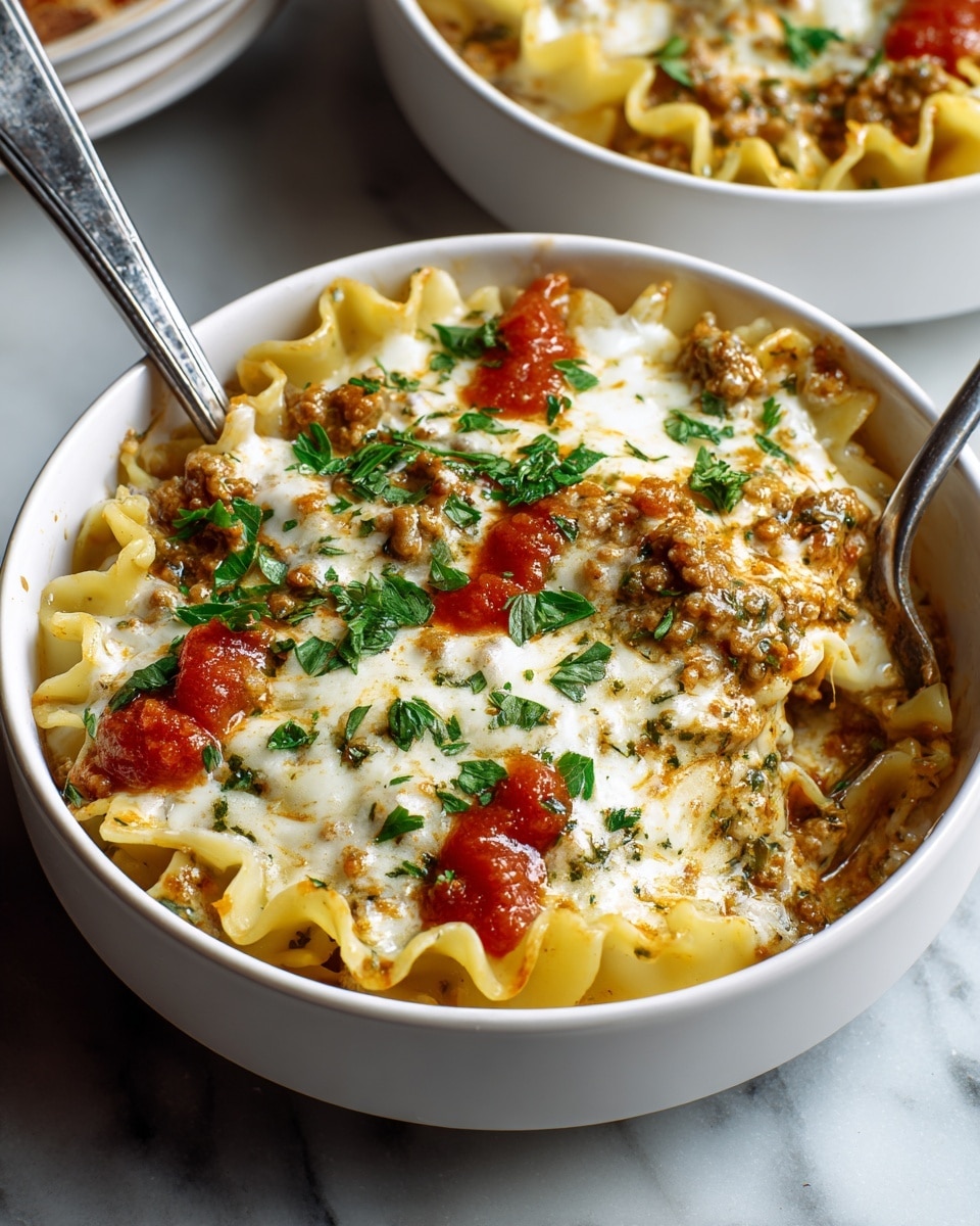 The dish is presented in a white bowl filled with multiple visible layers. The bottom layer features light yellow lasagna noodles with a slightly ruffled texture. Above the noodles is a hearty layer of brown meat sauce mixed with herbs, giving a chunky texture. This is topped with a creamy white melted cheese layer, slightly browned and bubbling on the edges. Scattered over the top are fresh green chopped parsley leaves and small dollops of bright red tomato sauce. A silver spoon rests inside the bowl, which is placed on a white marbled surface. Photo taken with an iphone --ar 4:5 --v 7