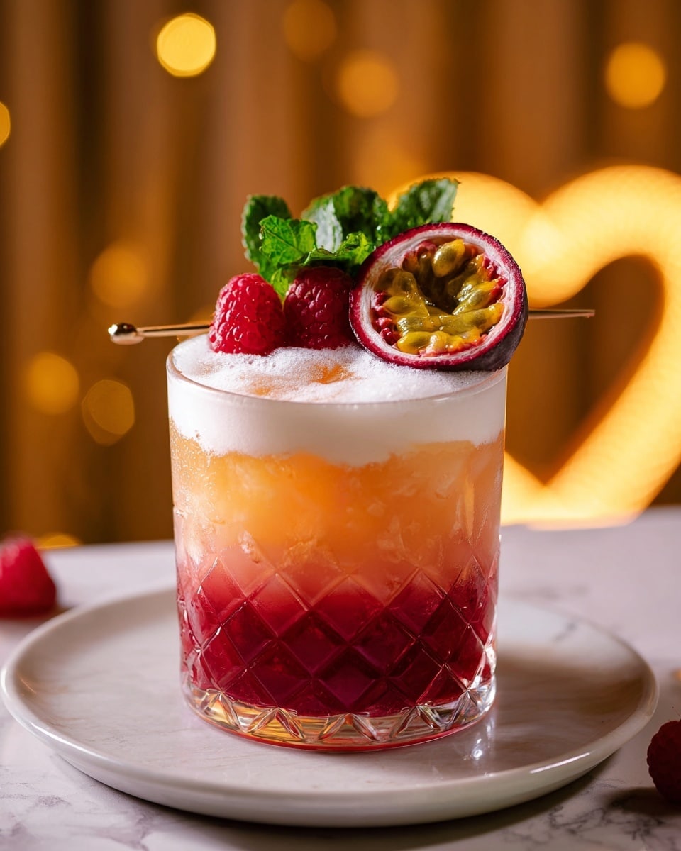 The image shows a tall glass with a long stem filled with a three-layered drink. The bottom layer is a bright red liquid with a slightly frosted texture on the glass. Above this is a thin, vibrant pink layer, followed by a thicker, creamy light orange-yellow layer topped with a foamy white head. On top of the drink sits a skewer holding three fresh red raspberries, a slice of passion fruit with yellow seeds, and a small green mint leaf on the side. The drink is set against a white marbled surface scattered with red rose petals and soft bokeh lights in the blurry background. photo taken with an iphone --ar 4:5 --v 7