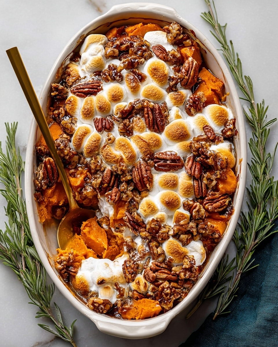 This dish is shown in an oval white casserole dish filled with layers. The bottom layer is soft, bright orange chunks of sweet potato. On top, there are fluffy, creamy toasted marshmallows with some light browning. Scattered all over the marshmallows are many whole, shiny brown pecans adding texture. A gold spoon rests inside the dish, scooping some of the melted marshmallows and sweet potato mix. The dish is set on a white marbled surface with sprigs of green rosemary nearby. Photo taken with an iphone --ar 4:5 --v 7