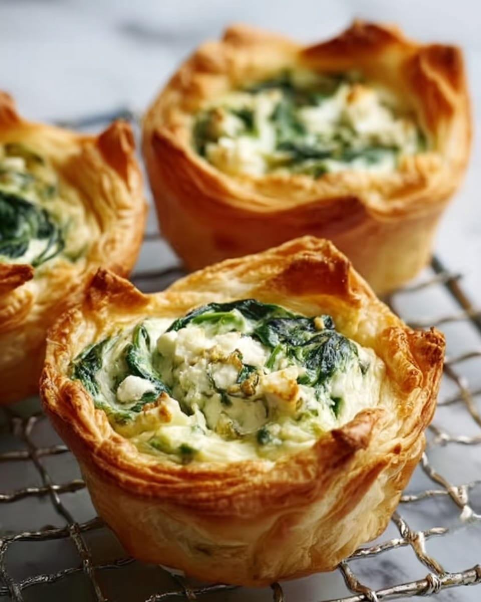 The image shows three small tarts on a metal cooling rack, each tart has a golden brown, flaky puff pastry shell that is crisp and slightly puffed. Inside the shell is a creamy, pale yellow filling mixed with visible green spinach leaves, giving a soft and smooth texture with some leafy parts. The filling is thick and fills the pastry shell almost to the top, with a few pieces of white cheese or onion mixed in, adding texture variety. The background is a white marbled surface, enhancing the warm tones of the tarts. photo taken with an iphone --ar 4:5 --v 7