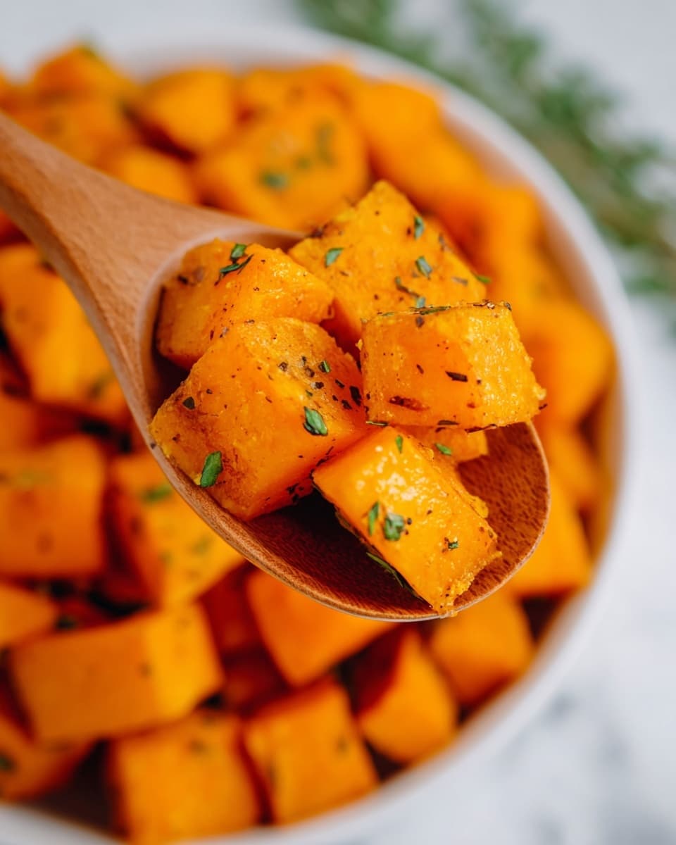 A close-up view of bright orange roasted pumpkin cubes with a slightly shiny, seasoned surface showing small green herb pieces sprinkled on top, held on a wooden spoon above a white bowl filled with more pumpkin cubes, all set against a white marbled surface that softly blurs in the background, creating a warm and fresh look. photo taken with an iphone --ar 4:5 --v 7