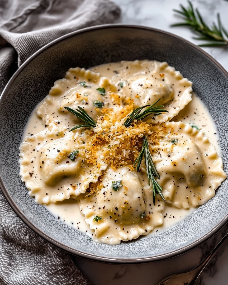 A gray speckled bowl contains a creamy white sauce with black pepper specks, topped with six pieces of ravioli. Each ravioli is pale beige with ruffled edges, partially submerged in the sauce. On top, there is a small pile of grated cheese and golden brown crumbs, with two green rosemary sprigs placed in the center. The bowl is placed on a white marbled surface with a soft gray cloth nearby. Photo taken with an iphone --ar 4:5 --v 7