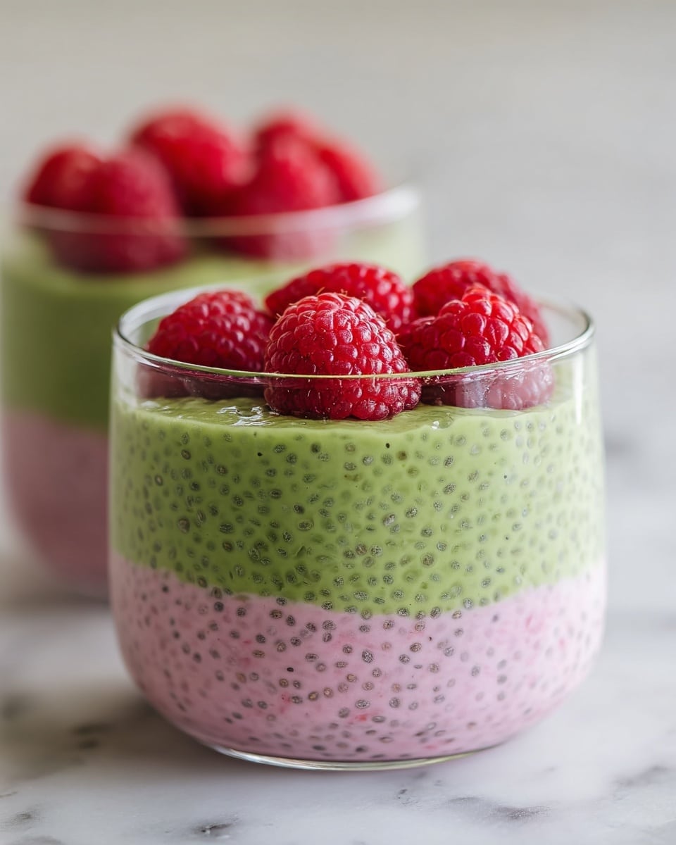 The image shows two clear glass cups filled with a two-layered chia pudding placed on a white marbled surface. Each cup has a bottom layer of light pink chia pudding with small black chia seeds visible. On top of this is a thicker, bright green layer of chia pudding, creating a smooth and creamy texture. The green layer is topped with several fresh, vibrant red raspberries clustered in the middle. The focus is on the front cup, with the second cup slightly blurred in the background. Photo taken with an iphone --ar 4:5 --v 7