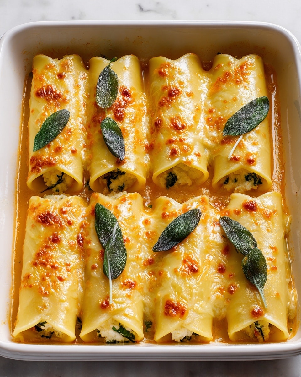 Eight rolled cannelloni pasta made from thin, smooth light yellow dough are arranged closely in two rows inside a white rectangular baking dish. Each pasta piece is stuffed with a mix of green leafy herbs and white cheese, visible at the open ends. The pasta rolls are covered with a glossy, melted golden-yellow cheese sauce that has small orange and brown specks, giving a slightly textured look. Fresh sage leaves are placed on top of some rolls, adding a green contrast. The entire dish sits on a white marbled surface. Photo taken with an iphone --ar 4:5 --v 7