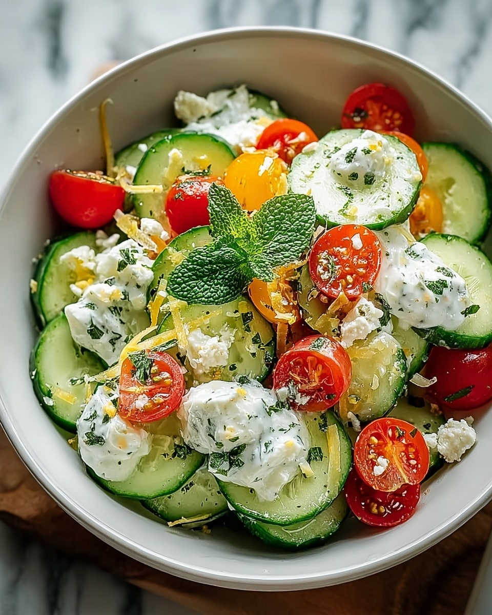 A white bowl is filled with a fresh salad featuring thinly sliced green cucumber rounds layered at the base. On top, there are bright red cherry tomato halves scattered throughout, along with dollops of creamy white dressing speckled with green herbs. The salad is sprinkled with small crumbles of white cheese and light yellow shaved cheese pieces, adding texture and depth. A small sprig of fresh green mint rests on the top, adding a touch of color and freshness. The background shows a white marbled texture, and the overall look is vibrant and appetizing. photo taken with an iphone --ar 4:5 --v 7
