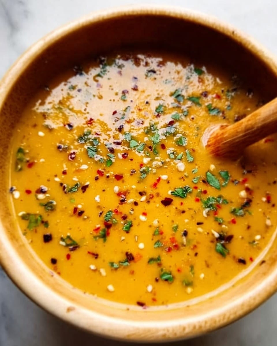 The image shows a close-up of a white bowl filled with a thick, smooth orange-yellow soup. The soup has small black and red specks spread evenly on top, likely spices, and some small green herb pieces scattered across the surface. A wooden spoon is partially visible on the right side, resting in the bowl. The bowl sits on a white marbled surface. photo taken with an iphone --ar 4:5 --v 7