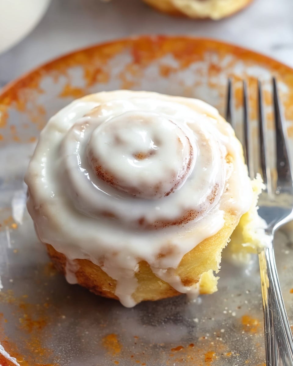A close-up view of a single cinnamon roll covered in thick, shiny white icing, showing the swirl layers of the dough with a light golden-brown baked texture underneath. The cinnamon roll sits on a clear plate with orange and white speckled designs, placed on a white marbled surface. A shiny fork rests beside the cinnamon roll on the right side, catching light reflections. The focus is on the top spiral of the roll with soft, smooth icing covering it evenly, giving a fresh and moist look. Photo taken with an iphone --ar 4:5 --v 7
