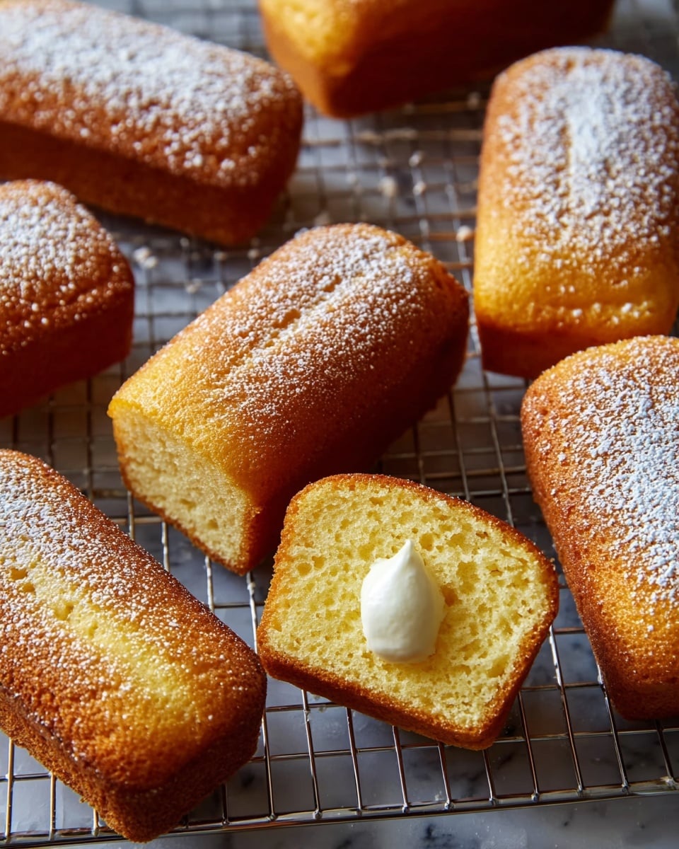 The image shows several golden brown rectangular sponge cakes with a light dusting of powdered sugar on top, arranged on a metal cooling rack. In the center, one cake is cut in half horizontally, revealing a soft, light yellow interior with a small dollop of white cream inside. The texture of the cakes looks spongy and moist with a slightly crisp edge. The background is a white marbled texture. photo taken with an iphone --ar 4:5 --v 7