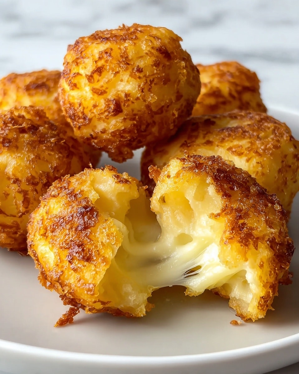 The image shows three golden brown fried cheese balls placed on a white square plate, sitting on a white marbled surface. One cheese ball is broken open in the front, revealing melted, stretchy cheese inside with a crispy, rough textured outer layer. The cheese inside is pale yellow and gooey, pulling slightly away as it stretches. The other two cheese balls remain whole, showing their crunchy, uneven, and deep golden exterior. A blurred white cup is visible in the background. Photo taken with an iphone --ar 4:5 --v 7