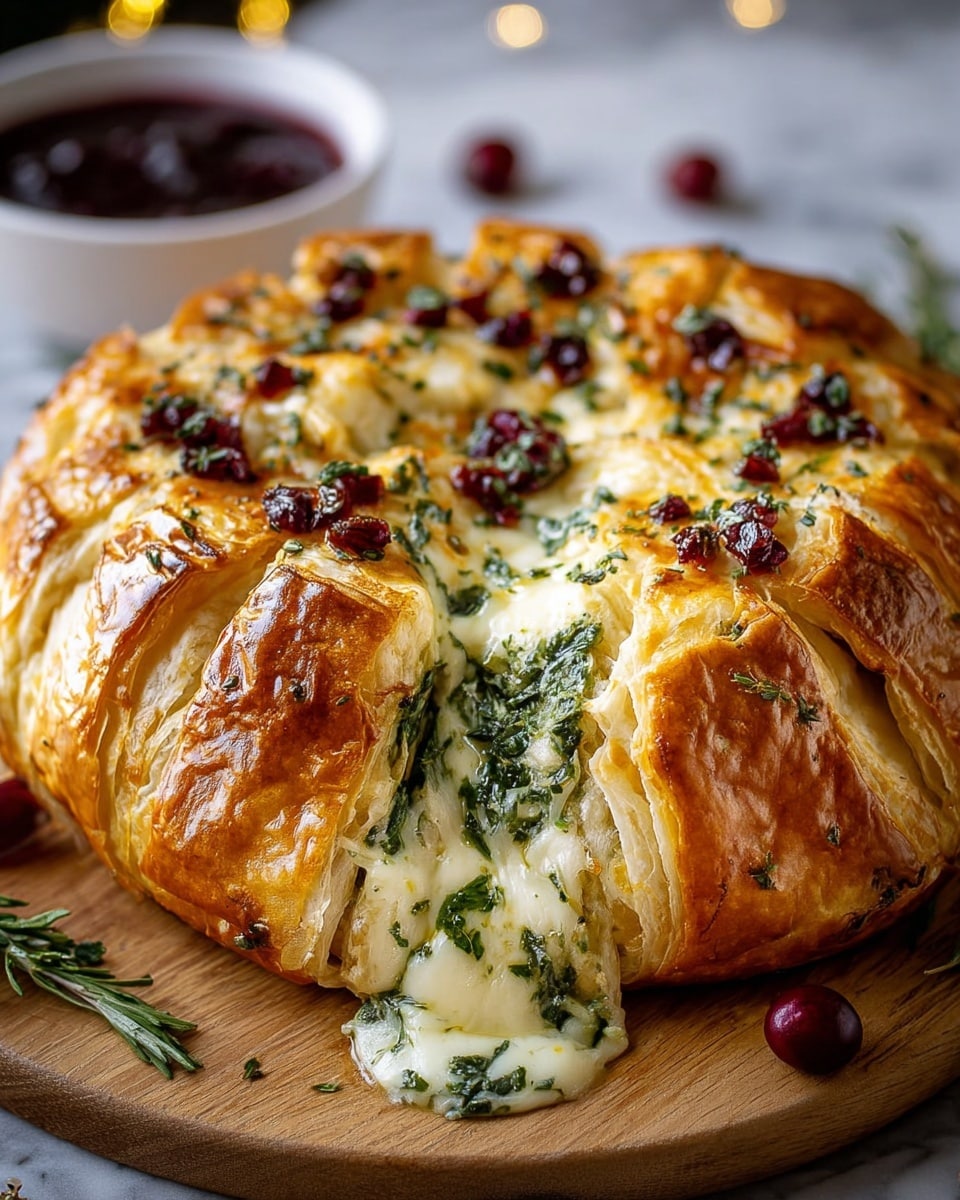 A round baked pastry with a golden brown, flaky crust that shows layered folds and cuts around the edges, revealing a melted creamy white cheese mixed with green herbs flowing out from the center. The top of the pastry is decorated with small dark red bits and sprinkled green herbs, adding texture and color contrast. The dish is placed on a wooden board with a soft-focus white bowl in the background containing a dark red sauce, with a few scattered herbs and a cranberry near the pastry. The setting is on a white marbled textured surface. Photo taken with an iphone --ar 4:5 --v 7