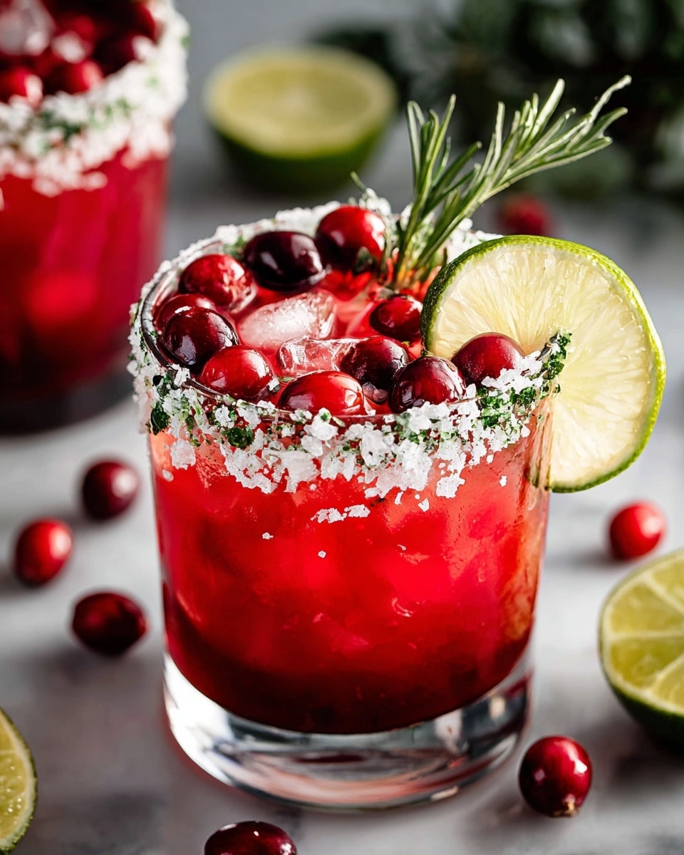 A clear glass is filled with a bright red drink layered with ice cubes visible at the top. The rim of the glass is coated with white sugar mixed with small green herb bits, creating a textured edge. On top of the drink, there are glossy red cranberries and a sprig of green rosemary placed beside a fresh green lime wedge resting inside the glass. The glass sits on a white marbled surface with scattered lime halves, cranberries, and blurred greenery in the background. Photo taken with an iphone --ar 4:5 --v 7