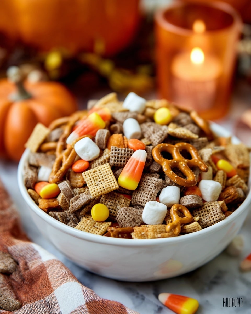 A white bowl is full of a snack mix with many layers, including golden square cheese crackers with a rough texture, light brown square cereal pieces with a grid pattern, smaller darker brown cereal squares, round tan cereal loops, tiny white marshmallows, bright yellow and orange candy-coated chocolates, orange-yellow candy corns with white tips, and small twisted pretzels that add a crunchy feel. The bowl is placed on a white marbled surface with a blurred orange candle and a pumpkin in the background, creating a warm, cozy fall atmosphere. Photo taken with an iphone --ar 4:5 --v 7