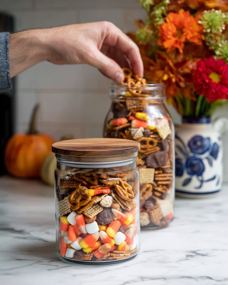 Two clear glass jars filled with a colorful snack mix are placed on a white marbled surface. The jar in the front is closed with a wooden lid and shows layers of orange candy corn pieces, white mini marshmallows, golden brown pretzels, and small square crackers mixed with bits of chocolate and cereal pieces. Behind it, a taller jar without a lid is being reached into by a man's hand, showing more of the same snack mix with visible layers of candy corn, marshmallows, pretzels, crackers, and cereal. To the right in the background is a white vase with blue patterns holding bright orange, red, and green flowers, all set against a blurred kitchen wall. photo taken with an iphone --ar 4:5 --v 7