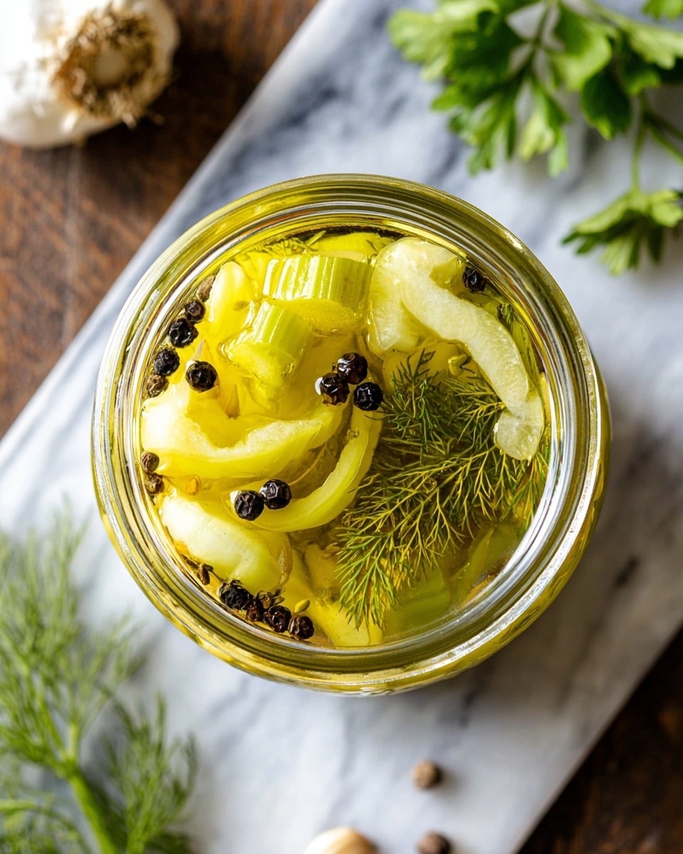 A top view of an open glass jar filled with light yellow-green liquid and several layers inside: thick yellow pepper halves on one side, pale green celery slices curved in crescent shapes scattered around, small black peppercorns floating near the surface, and a sprig of feathery dill sitting among the vegetables. The jar is placed on a white marbled texture with some green herbs like parsley and dill around it and a bulb of garlic to the left. photo taken with an iphone --ar 4:5 --v 7