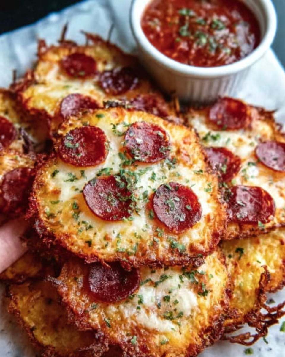 The image shows a white plate filled with several small, round, crispy cheese chips. Each chip has a golden-brown outer edge with a melted cheese texture in the center topped by a circular slice of pepperoni that is bright red and slightly glossy. The chips are sprinkled with small green herb pieces and black pepper specks scattered across the surface. At the top right corner of the plate, there is a small white bowl filled with red dipping sauce. The background is a white marbled texture. photo taken with an iphone --ar 4:5 --v 7