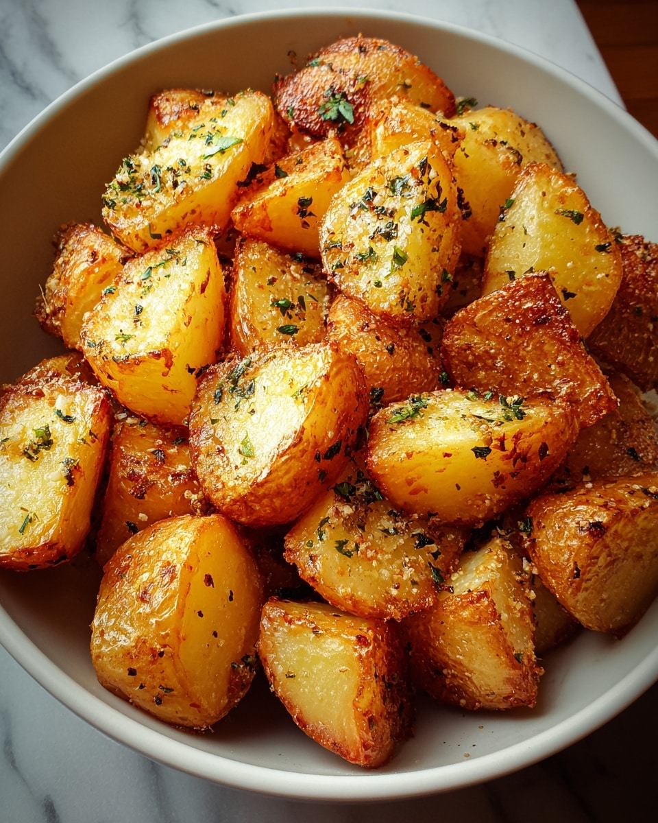 A bowl filled with golden roasted potato pieces, each about one to two inches large, with a crispy, browned exterior and a soft, slightly shiny yellow inside. The potatoes are evenly coated with chopped green herbs and specks of black pepper and seasoning. The bowl is white and placed on a surface with a white marbled texture, creating a clean and bright background that highlights the warm colors of the potatoes. photo taken with an iphone --ar 4:5 --v 7