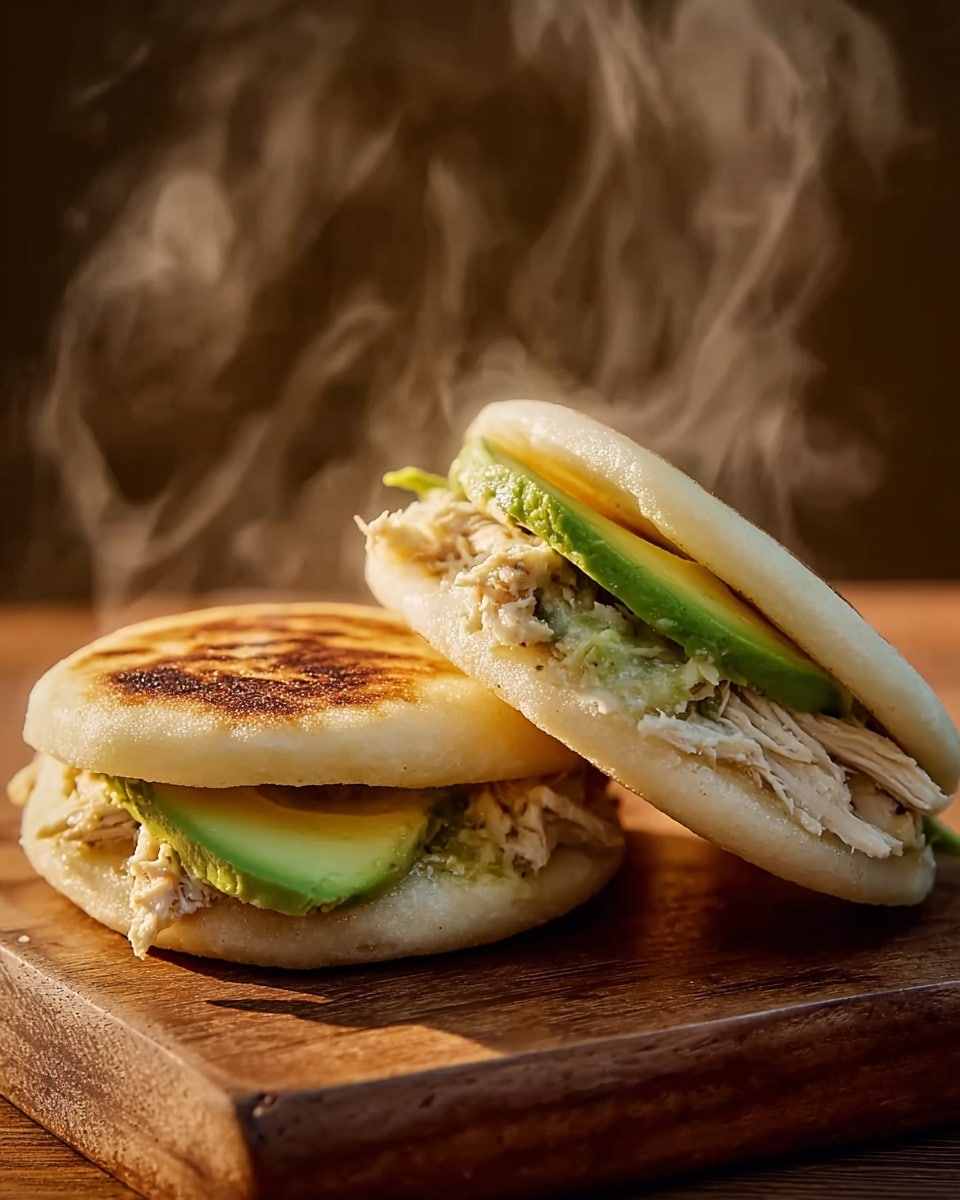 Two arepas sit on a wooden board with steam rising, showing their warmth. Each arepa is made of a thick, round, slightly crispy white bread with a golden-brown toasted top. Inside, there are two layers: the bottom layer is shredded white chicken meat with a moist texture, and the top layer is bright green slices of creamy avocado. One arepa is lying flat, while the other is angled, leaning on the first, clearly showing the filling inside. The background is a soft, warm tone that contrasts with the white arepas. photo taken with an iphone --ar 4:5 --v 7