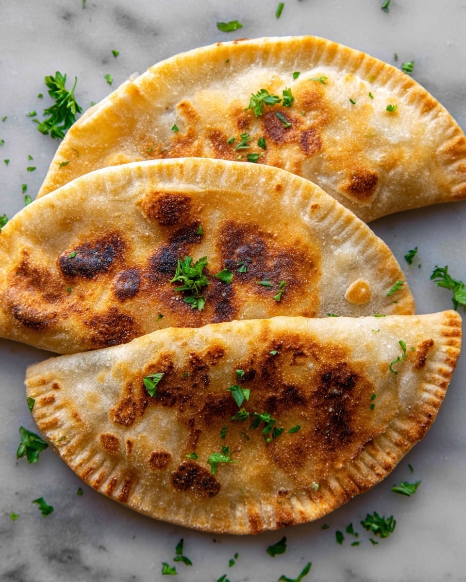 Four large, golden-brown flatbreads are stacked overlapping on a surface with a white marbled texture. Each flatbread is half-moon shaped with a crispy and slightly blistered texture, showing patches of darker toasted spots and lighter, soft areas. Small pieces of fresh green herbs are sprinkled on top and around the flatbreads, adding a touch of color contrast to the warm tones of the bread. Photo taken with an iphone --ar 4:5 --v 7