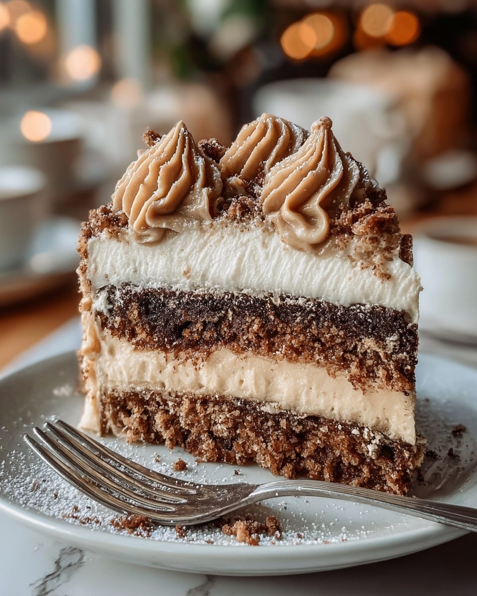 A slice of layered cake is shown on a white plate with a silver fork. The cake has three main layers: the top and bottom layers are dark brown and moist with crumb texture, while the middle layer is a lighter cream color appearing smooth and creamy. Between the middle and bottom cake layers is a thick layer of light brown frosting. The top surface of the cake is covered with a thick layer of white cream, topped with two thick, swirled light brown frosting dollops, and sprinkled with fine brown crumbs and a light dusting of white powder. The background is softly blurred with warm lighting, and the scene is set on a white marbled surface. Photo taken with an iphone --ar 4:5 --v 7