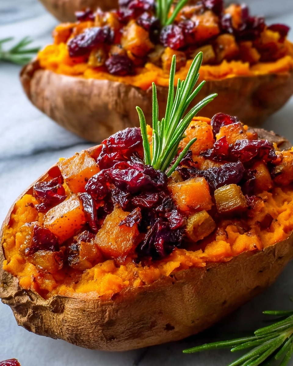 A close-up of two baked sweet potato halves on a white marbled surface, each filled with three layers: the bottom layer is bright orange smooth mashed sweet potato with a soft texture, the middle layer consists of small, golden-brown sautéed cubes of sweet potato mixed with translucent bits of onion, and the top layer is made of dark red dried cranberries scattered generously. A small green sprig of fresh rosemary stands upright in the center of the front sweet potato, adding a fresh contrast. The baked sweet potato skins are earthy brown and slightly wrinkled, giving a rustic look. Photo taken with an iphone --ar 4:5 --v 7