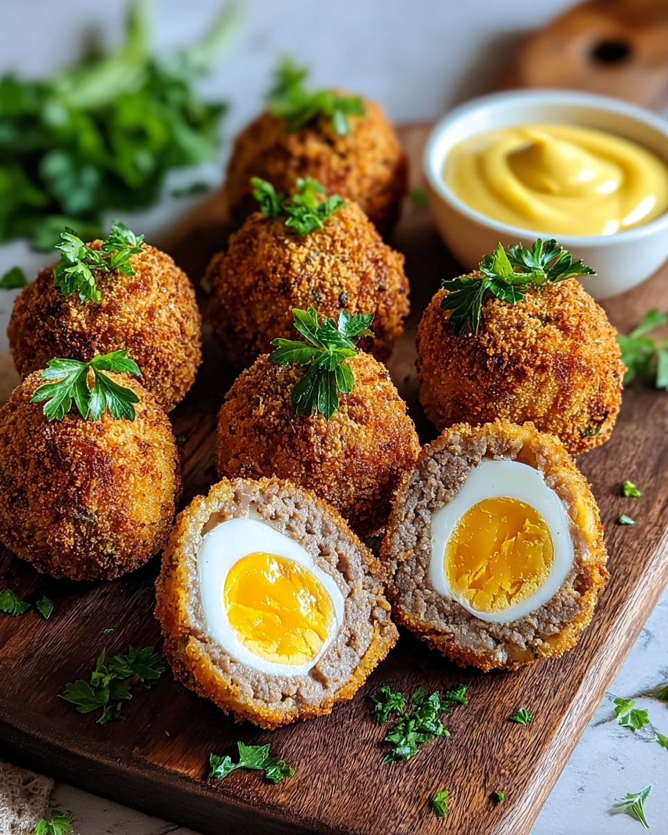 This image shows eight crispy golden-brown deep-fried balls placed on a dark wooden board with some green parsley leaves scattered around. Each ball consists of three layers: a bright yellow yolk and white hard-boiled egg in the center, wrapped in a layer of finely ground brown meat, and coated with a crunchy golden breadcrumb crust on the outside. Two of the balls are cut in half, showing the smooth white and yellow egg inside, surrounded by the textured meat and crispy coating. The balls are garnished with fresh green parsley leaves on top. On the side, there is a small white bowl with smooth yellow mustard sauce. The white marbled surface beneath the board is softly blurred and adds a clean look to the scene. photo taken with an iphone --ar 4:5 --v 7