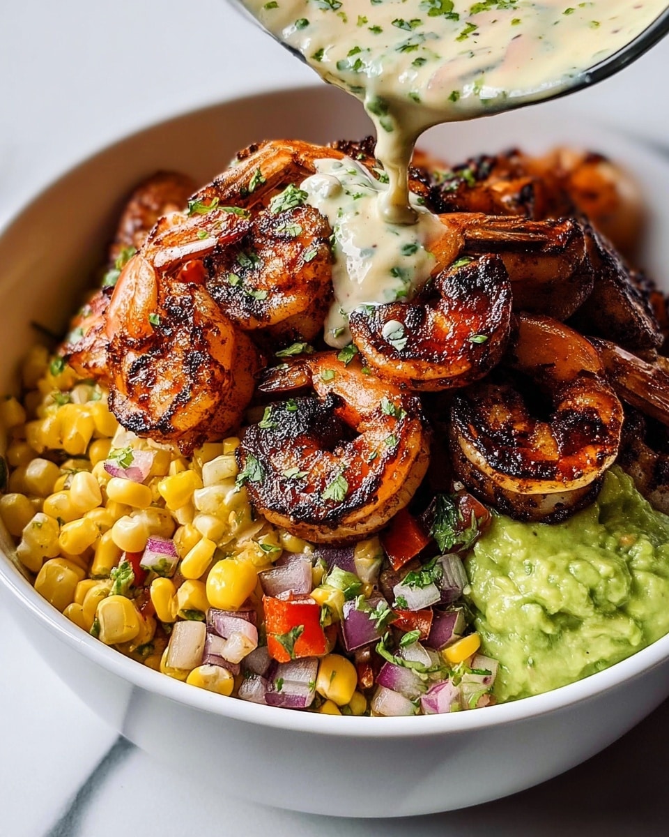 A white bowl filled with three main layers: on the left side, a colorful mix of corn kernels, red onion pieces, small green herb bits, and tiny red pepper chunks; on the right bottom, a smooth, light green guacamole layer with some small avocado pieces; on top and covering most of the bowl, large, grilled shrimp with a dark charred look and a reddish-orange color, slightly curled and stacked. Above the shrimp, a woman's hand is pouring a creamy, pale white sauce with green herbs. The bowl is placed on a white marbled surface. photo taken with an iphone --ar 4:5 --v 7