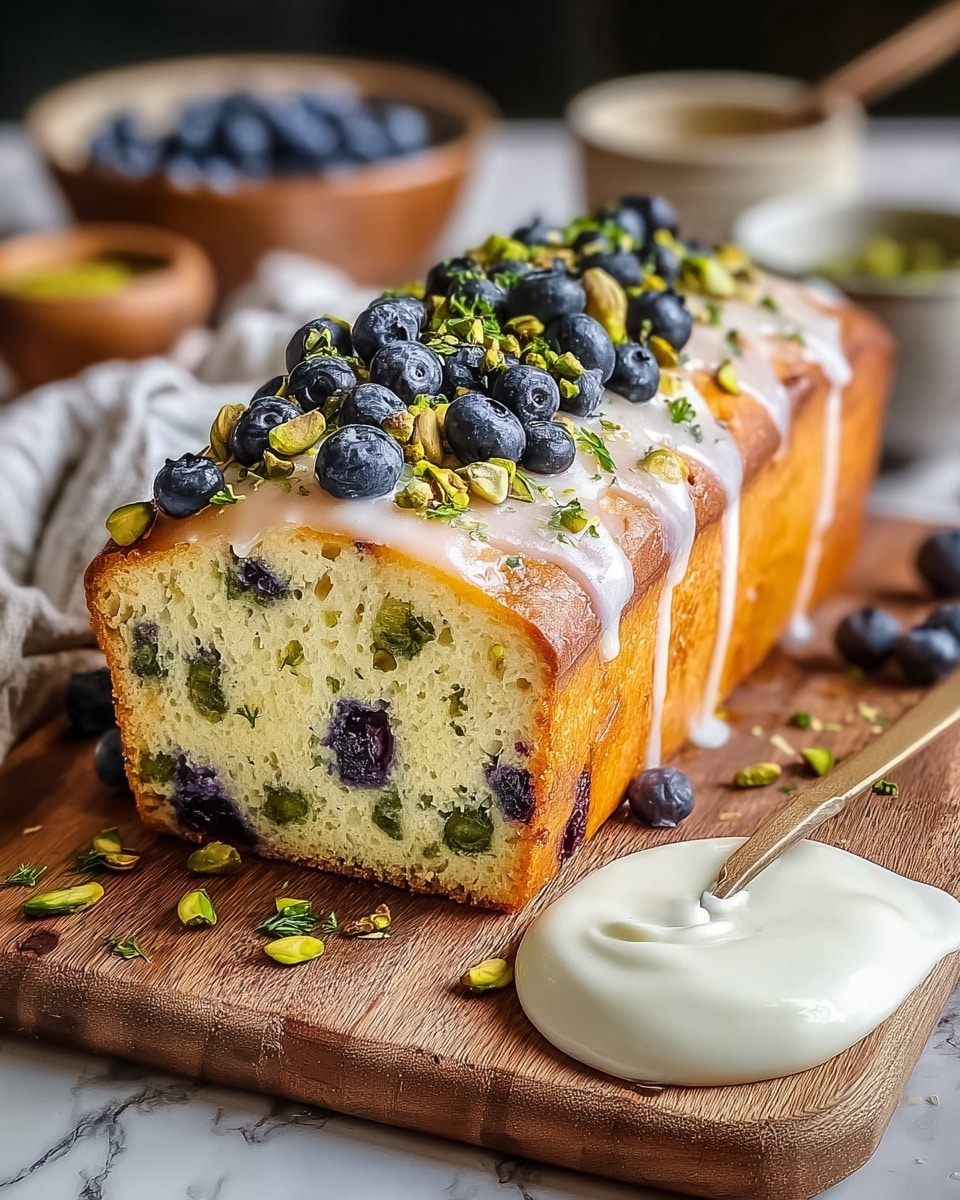 A golden-brown loaf cake is placed on a wooden board, sliced to show its soft, light interior dotted with green herb bits and dark blueberries. The top layer of the cake is shiny and decorated with whole blueberries, chopped green pistachios, and small herb sprinkles. Next to the cake slice is a dollop of white creamy sauce. The background includes a white marbled texture and blurred bowls with more blueberries. Photo taken with an iphone --ar 4:5 --v 7