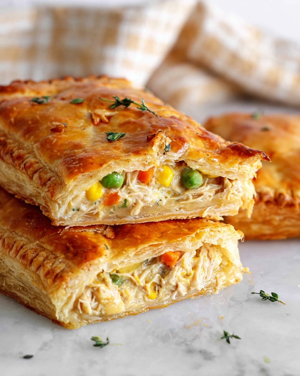 A golden brown puff pastry pie is shown on a white marbled surface, with one piece cut in half and stacked on top, revealing a creamy filling with visible layers including shredded chicken, green peas, yellow corn, and small bits of orange carrot. The top layer of the pastry is flaky with a shiny, crisp texture and small green herb garnishes scattered on and around it. The edges of the pastry have crimped patterns for a rustic finish. In the background, a blurred beige and white checkered cloth is visible. photo taken with an iphone --ar 4:5 --v 7