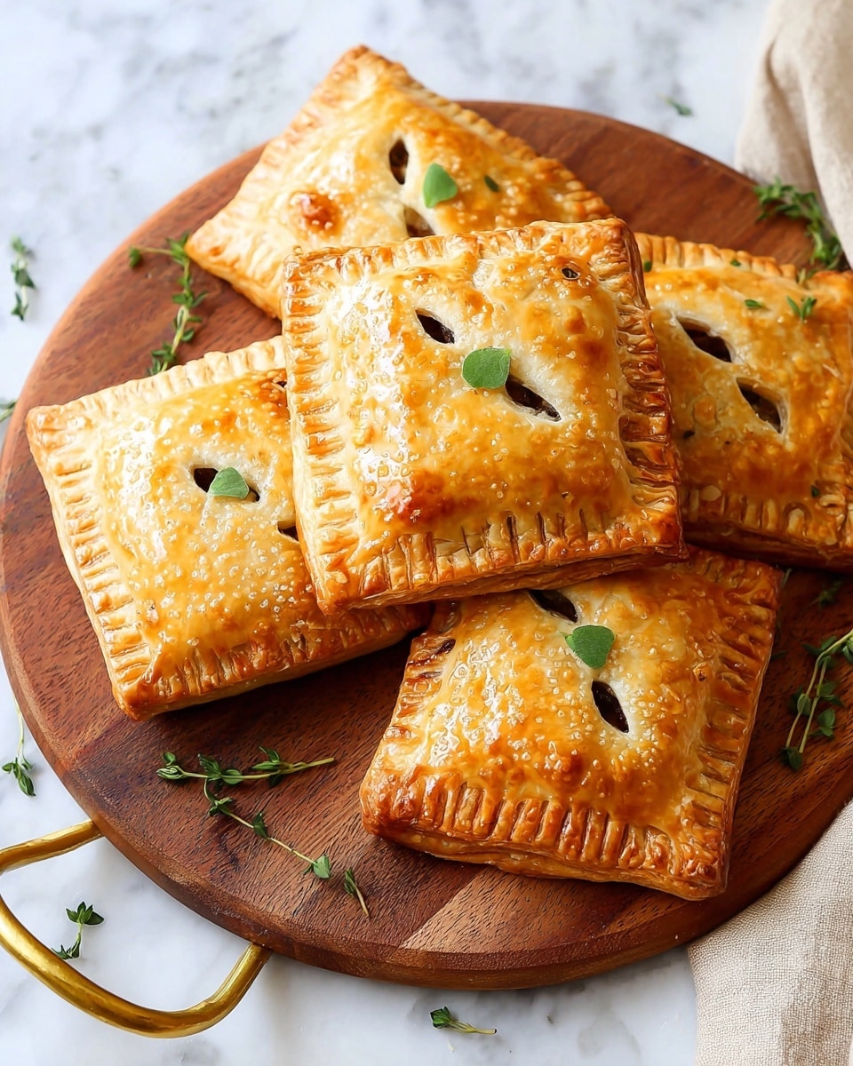 The image shows a pile of five square golden-brown pastries stacked on a round wooden board with a golden handle, placed on a white marbled texture. Each pastry has a flaky, crisp crust with a pattern of fork marks along the edges and four small vents in the center, revealing a hint of the filling inside. The surface of the pastries shines slightly, showing a baked glaze, and they are garnished with small fresh green herb sprigs scattered on and around them. The top pastry is centered with a few decorative herb leaves on it. Photo taken with an iphone --ar 4:5 --v 7