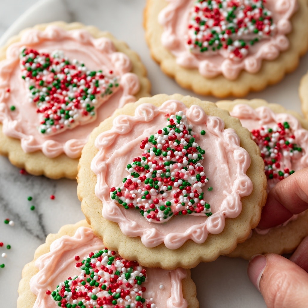 The image shows several round sugar cookies with scalloped edges placed on a white marbled surface. Each cookie has a smooth, pale beige frosting layer as the base, topped with a pink frosting design shaped like a small Christmas tree made with swirled lines. The tree frosting is decorated with tiny red and green sprinkles, matching the scattered round red, green, and white sprinkles that cover the cookies and surface around them. The cookies are arranged closely together, some overlapping slightly, with one being touched by a woman's hand from the side. Photo taken with an iphone --ar 4:5 --v 7