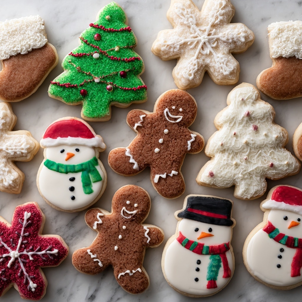 The image shows a collection of Christmas-themed cookies arranged on a white marbled surface. There are multiple layers of different shaped cookies: bright green Christmas trees with red icing garlands, white mittens decorated with small red and green holly berries, white snowflakes with detailed lines, brown gingerbread men with white and red icing faces and buttons, white snowmen with black hats and colorful scarves, and white Santa faces with red hats and beige faces. The textures of the cookies vary between smooth icing and slightly rough baked edges, all closely placed together to fill the frame. photo taken with an iphone --ar 4:5 --v 7