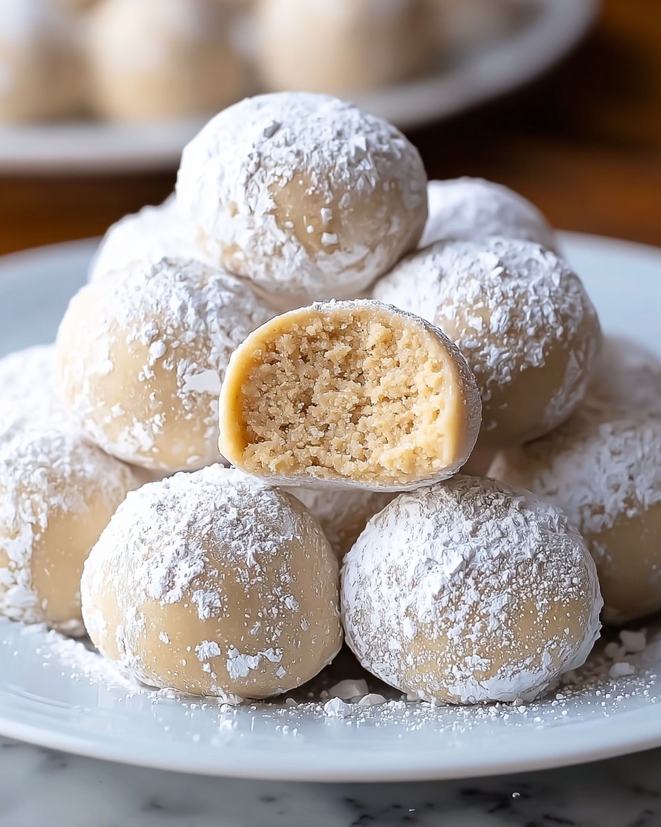The image shows a white plate filled with round beige-colored balls coated in a fine layer of white powdered sugar. There are about nine balls visible, with one ball cut in half at the front to show a dense, smooth inside with a slightly crumbly texture near the edges. One half of the cut ball is stacked on top of another whole ball, highlighting the creamy interior. The powdered sugar is unevenly dusted, giving a soft contrast to the smooth, matte surface of the balls. The plate rests on a white marbled texture surface with blurred beige balls in the background, creating a cozy and warm feel. Photo taken with an iphone --ar 4:5 --v 7