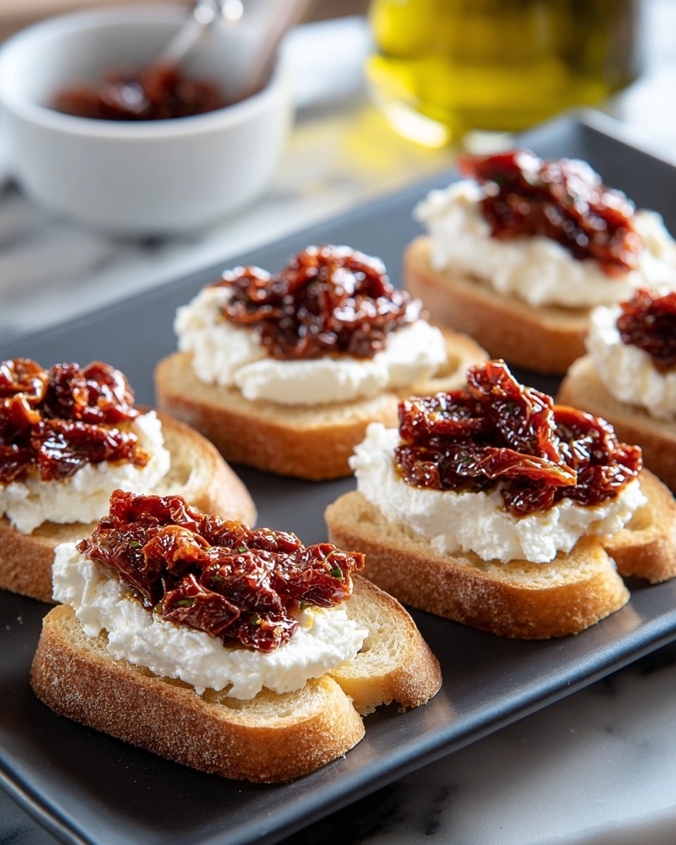 The image shows six slices of toasted bread arranged on a dark gray rectangular plate. Each slice has two layers: the bottom layer is a golden-brown toasted bread with a slightly crusty texture, the middle layer is a fluffy, white creamy cheese spread, and the top layer consists of a rich, dark reddish-brown sun-dried tomato topping that looks glossy and textured. The scene is set on a white marbled surface with a blurred white bowl and a bottle of olive oil in the background. Photo taken with an iphone --ar 4:5 --v 7