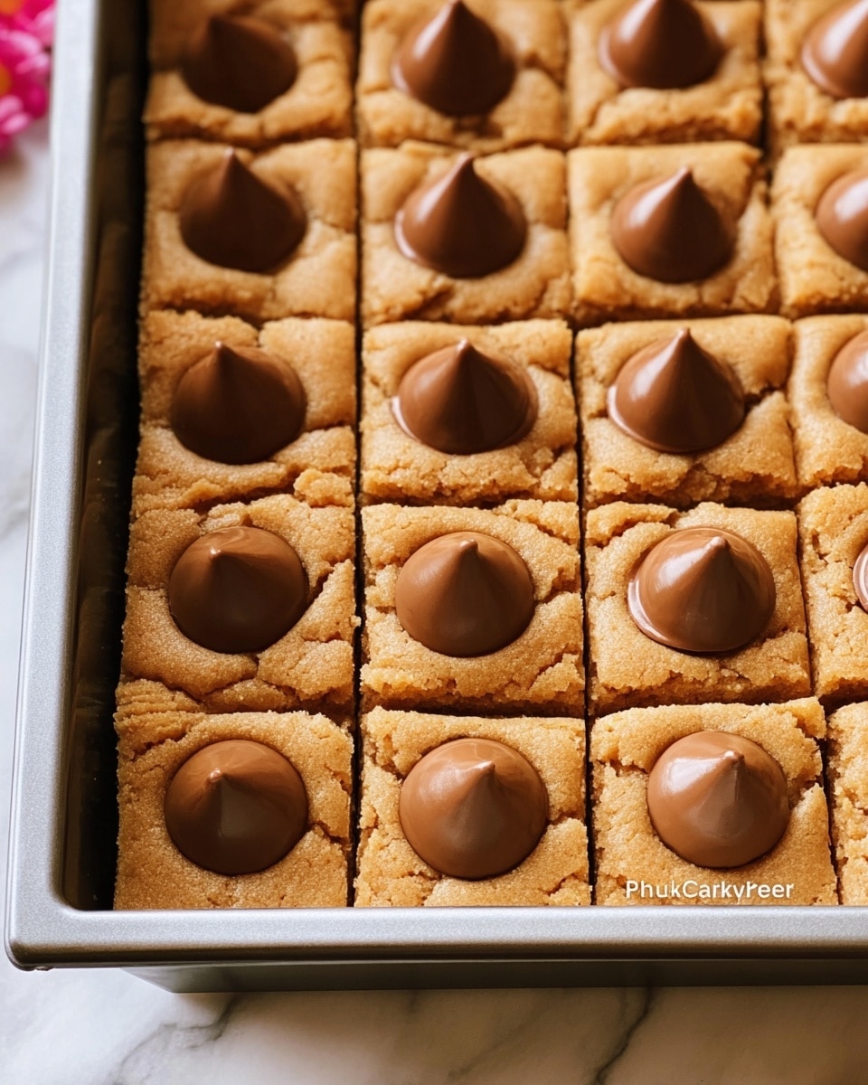 A tray filled with square-shaped peanut butter cookie bars arranged in rows, each bar has a golden brown color and a soft, crumbly texture, with a small, shiny dollop of milk chocolate placed neatly in the center of each piece, the cookies have gentle cracks and indentations around the chocolate, the tray has a deep edge and sits on a white marbled surface, photo taken with an iphone --ar 4:5 --v 7