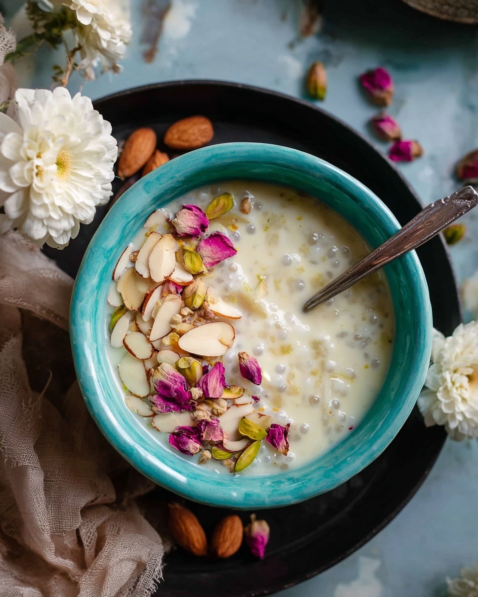 A light turquoise bowl sits on a black round tray over a white marbled texture background. Inside the bowl is a creamy white pudding with visible small translucent tapioca pearls mixed throughout. On one side of the dessert, there is a topping of sliced almonds in light beige, whole pistachios in green with yellow hints, and scattered dried pink rose petals, creating a colorful contrast against the creamy base. A silver spoon rests inside the bowl, partially submerged in the dessert. Surrounding the tray are a few white flowers and some fabric in beige tones. photo taken with an iphone --ar 4:5 --v 7