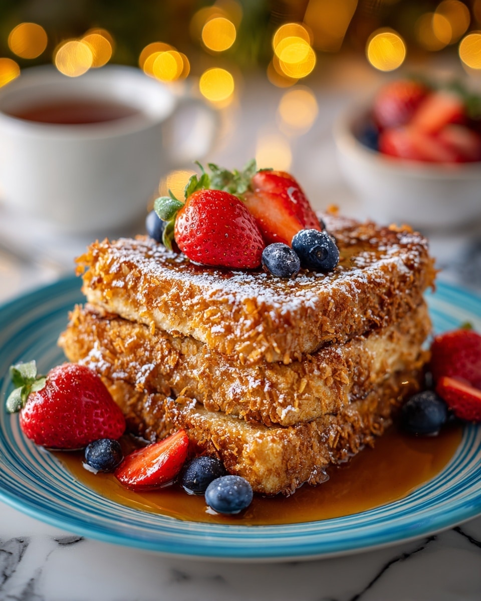 Two thick slices of French toast coated in golden, crunchy flakes are stacked in the center of a white plate with blue stripes. The top slice is garnished with fresh strawberries and blueberries, dusted lightly with powdered sugar. More strawberries and blueberries are scattered around the base, with syrup drizzled on and around the toast, adding a shiny, amber layer. In the background, there is a white cup of tea and blurred warm yellow bokeh lights over a white marbled surface. Photo taken with an iphone --ar 4:5 --v 7