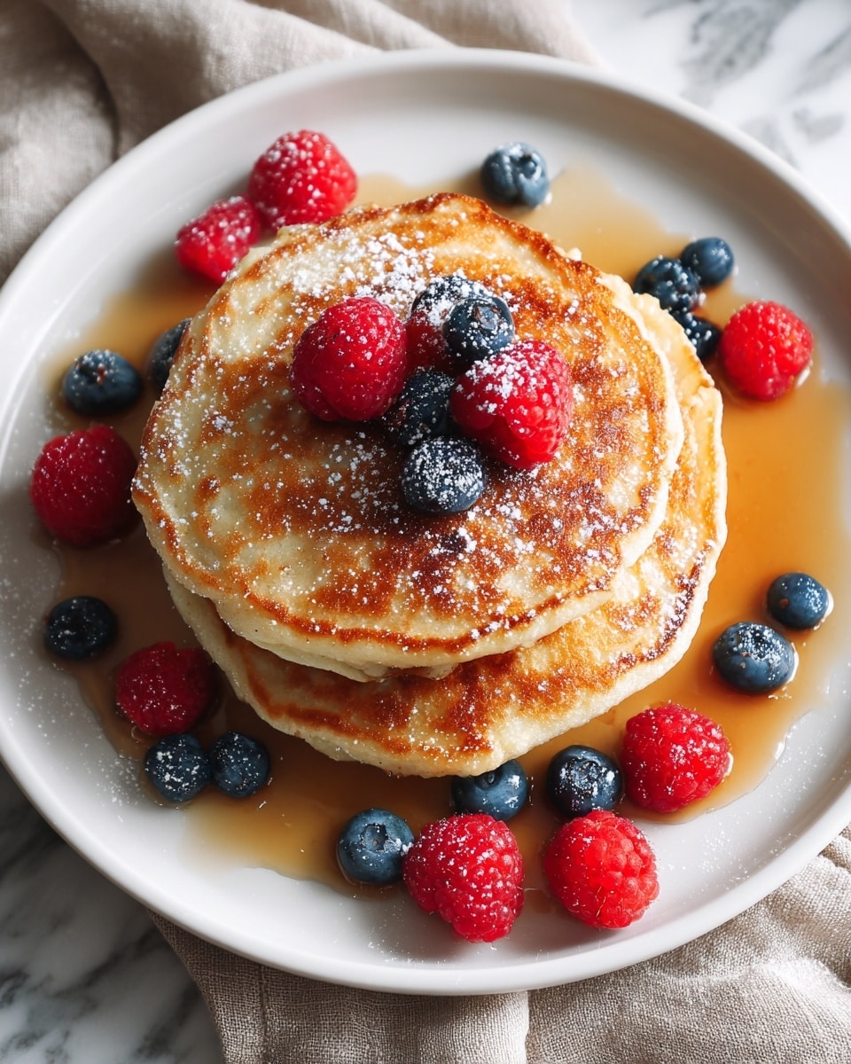 A stack of three golden-brown pancakes sits in the middle of a white plate, each pancake showing a light, airy texture with slightly crisp edges. The top pancake is dusted with a light sprinkle of powdered sugar and is decorated with a few bright red raspberries and deep blue blueberries. More raspberries and blueberries are scattered around the sides of the plate, resting in a pool of warm, amber-colored syrup that has gently spread beneath the pancakes. The plate is set on a soft, beige cloth, with the whole scene resting on a white marbled texture surface. photo taken with an iphone --ar 4:5 --v 7
