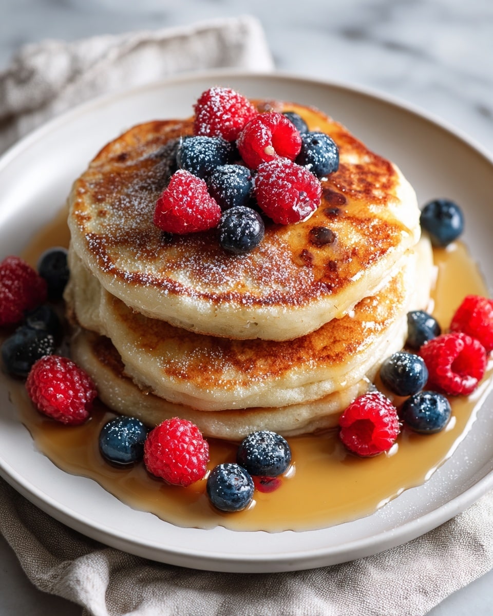 A stack of three golden-brown pancakes sits centered on a white plate, each pancake showing a light and fluffy texture with slight crisp edges. The top pancake is dusted lightly with powdered sugar. Surrounding the stack and scattered on top are fresh, vibrant raspberries and blueberries, adding pops of red and deep blue colors. A generous layer of maple syrup pools around the base of the pancakes, glistening with a warm amber hue. The plate rests on a soft beige cloth over a white marbled textured surface. photo taken with an iphone --ar 4:5 --v 7
