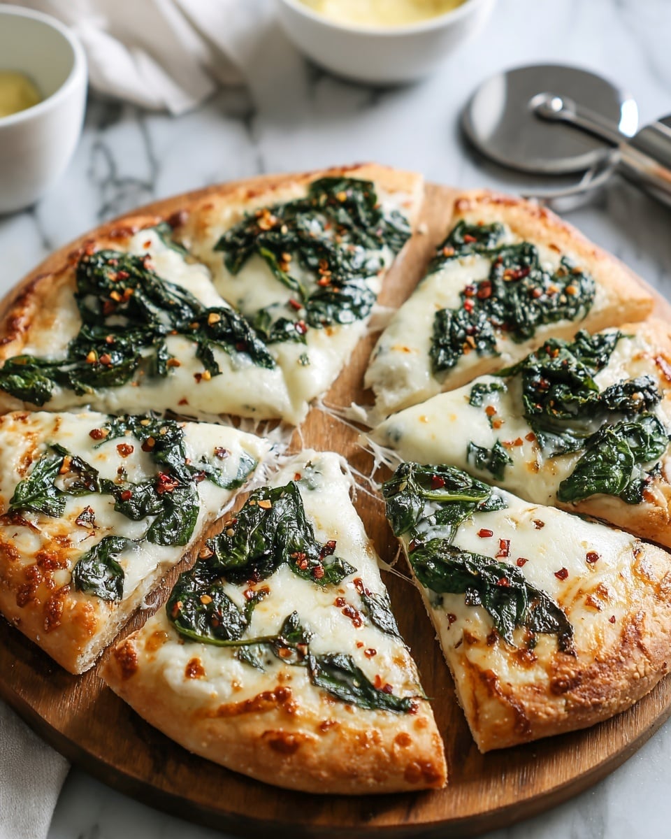 A round pizza cut into six slices sits on a wooden board with a golden-brown crust that looks thick and slightly crispy. The first layer is creamy white cheese melted evenly over the surface. On top of the cheese are dark green, wilted spinach leaves spread out in small clusters. Small red chili flakes are scattered across the cheese and spinach, adding specks of color. The pizza is placed on a white marbled surface, with a metal pizza cutter with a black handle resting nearby. In the background, there are two small white bowls with light-colored contents. photo taken with an iphone --ar 4:5 --v 7