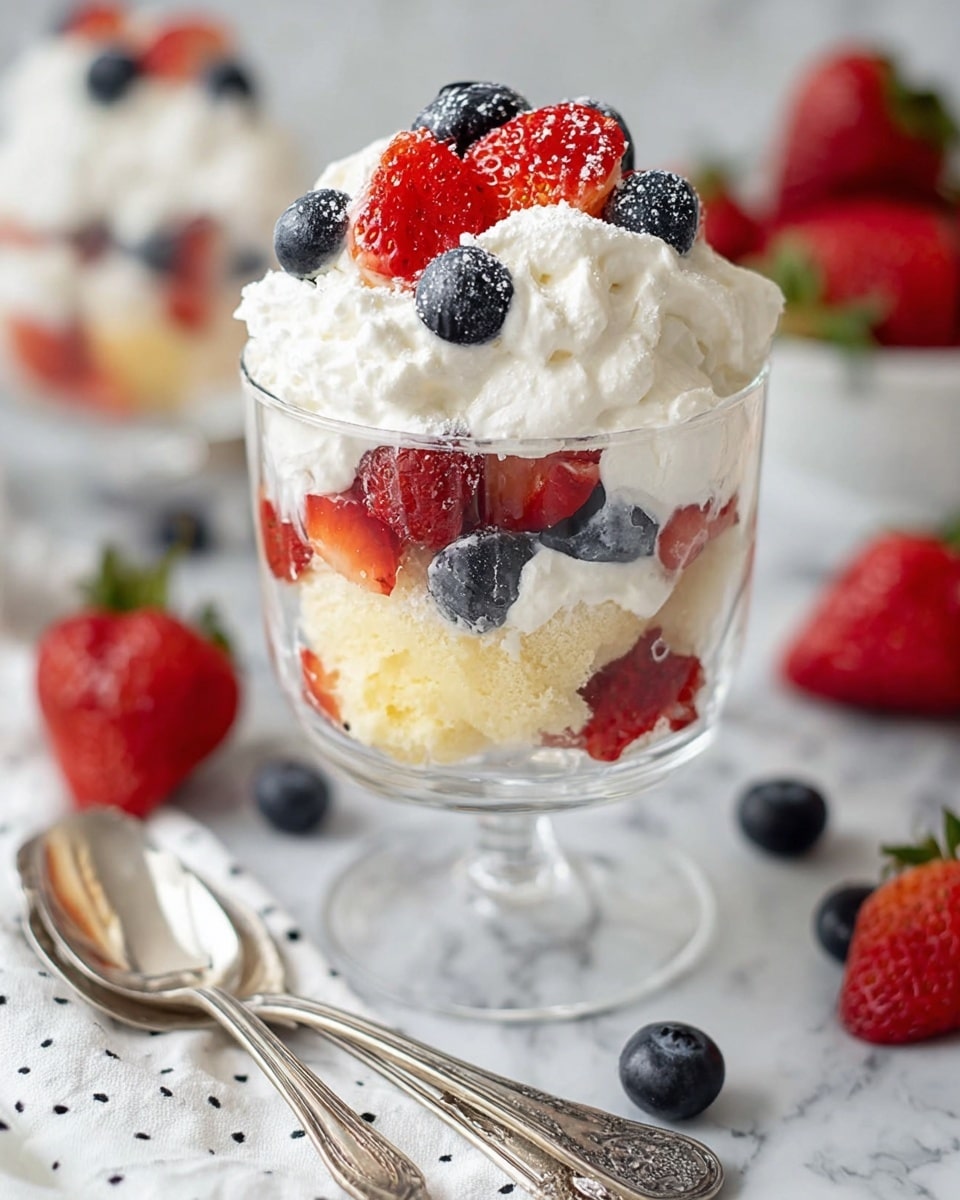 A clear glass trifle bowl shows a layered dessert with five visible layers: the bottom layer is light beige sponge cake pieces, followed by a layer of white whipped cream mixed with whole blueberries, then a layer of chopped red strawberries and blueberries, next a thick smooth yellow custard layer, and finally a top layer of white whipped cream decorated with whole strawberries and blueberries, dusted lightly with powdered sugar. The bowl sits on a clear glass pedestal on a white marbled surface, with a silver spoon nearby and some strawberries and blueberries scattered around. Photo taken with an iphone --ar 4:5 --v 7